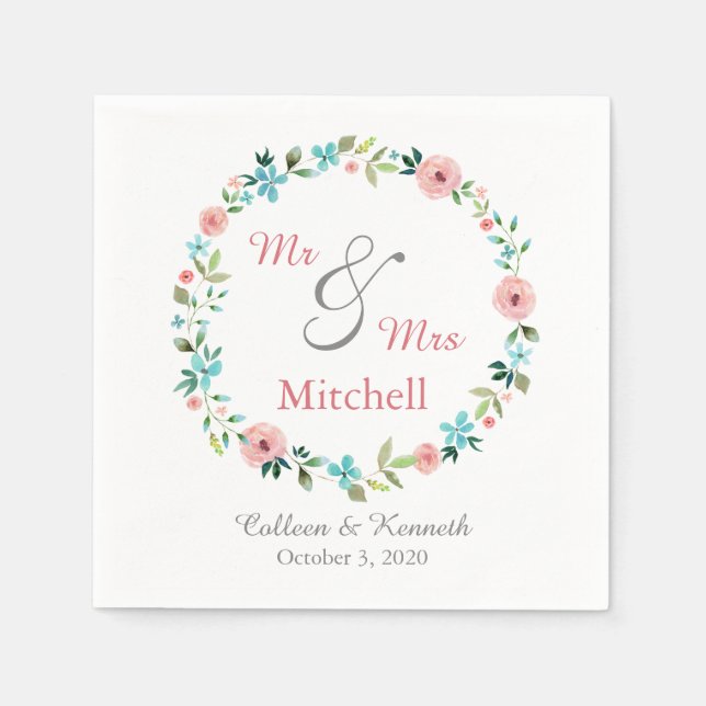 Spring Floral Wreath Wedding Paper Napkins (Front)