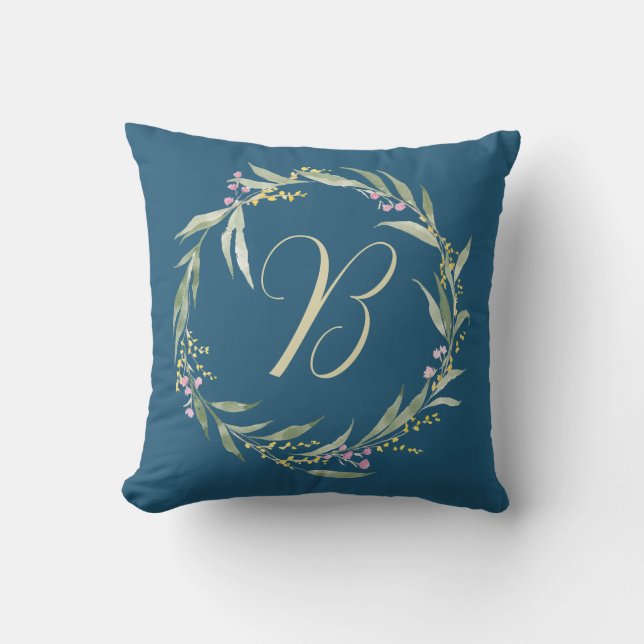 Spring Floral Wreath with Initial Throw Pillow (Front)