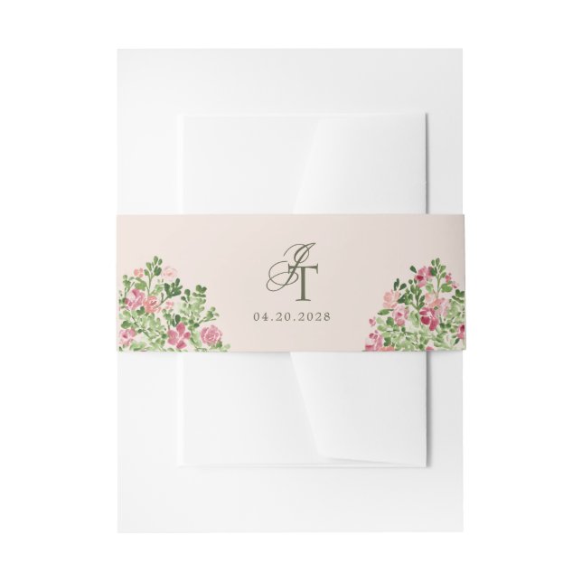 Spring Florals Elegant Initials Beige Invitation Belly Band (Front Example)