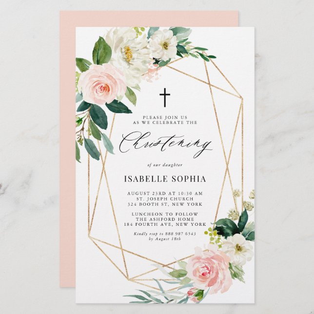 Spring Florals Gold Frame Christening Invitation (Front/Back)