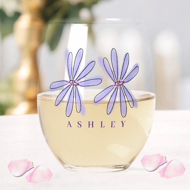 Spring Florals Lavender Purple  Stemless Wine Glass (Creator Uploaded)