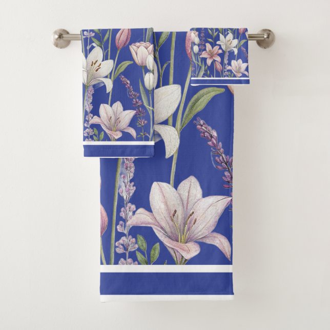 Spring Florals with Blue Background Bath Towel Set (Insitu)