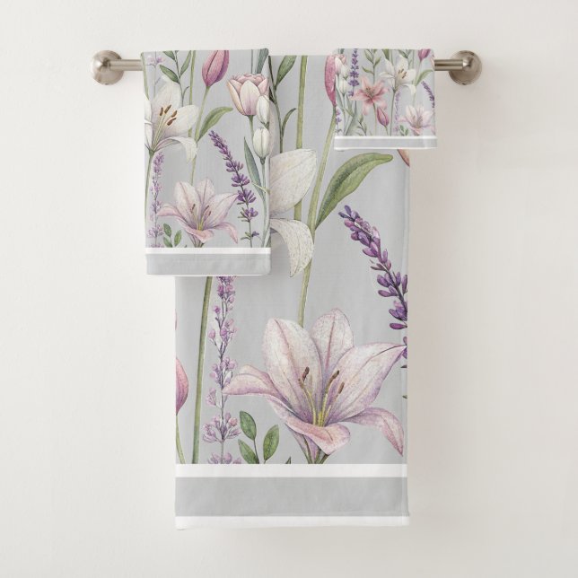 Spring Florals with Dove Grey Background Bath Towel Set (Insitu)