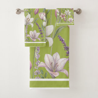 Spring Florals with Meadow Green Background Bath Towel Set