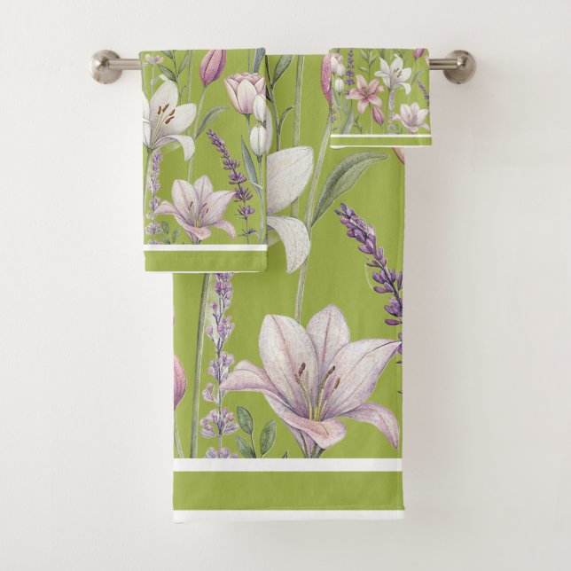 Spring Florals with Meadow Green Background Bath Towel Set (Insitu)