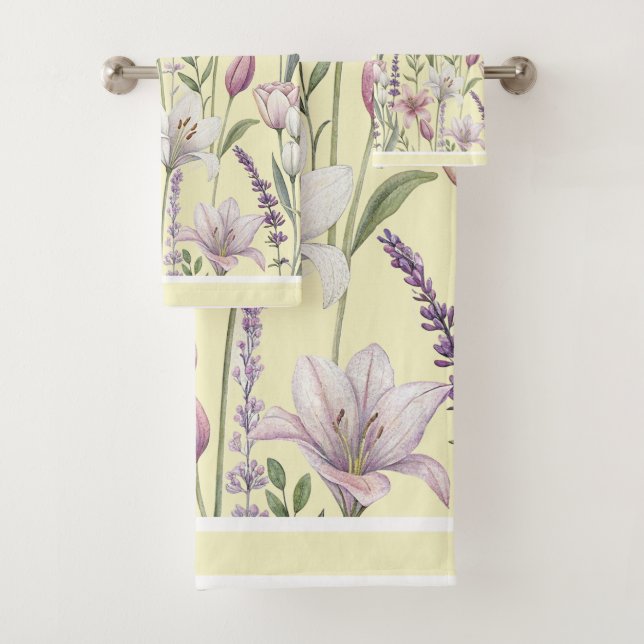 Spring Florals with Pale Buttercream Background Bath Towel Set (Insitu)