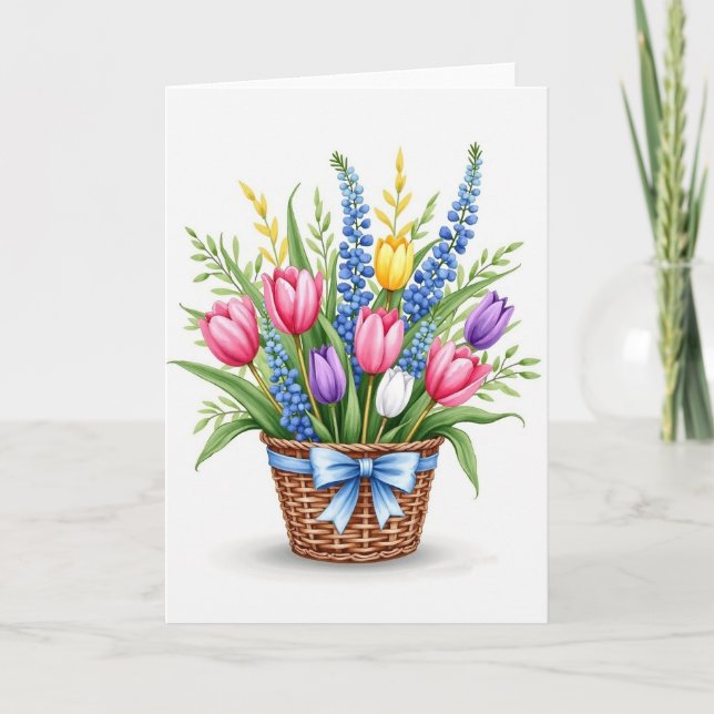 Spring Flower Basket Greeting Card (Front)