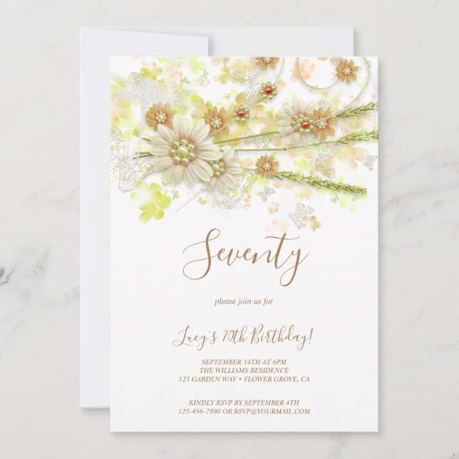 Spring Flower & Beads Decorative 70th Birthday Invitation (Front)