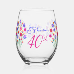 Spring Flower Bouquet Hand Painted 40th Birthday Stemless Wine Glass