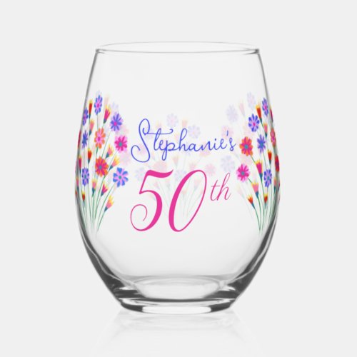 Spring Flower Bouquet Hand Painted 50th Birthday Stemless Wine Glass