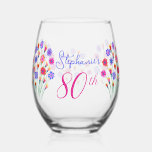 Spring Flower Bouquet Hand Painted 80th Birthday Stemless Wine Glass<br><div class="desc">Spring Flower Bouquet Hand Painted 80th Birthday Wine Glass This is a very special spring flower bloom bouquet Birthday Party Wine Glass. Beautifully hand painted unique artwork for your friends who are turning 80. Personalize this birthday wine glass with their name. Pair this wine glass with a personalized wine label...</div>