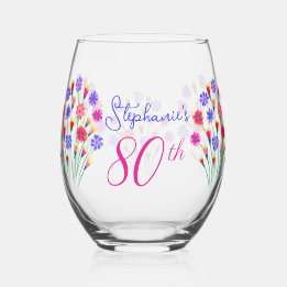 Spring Flower Bouquet Hand Painted 80th Birthday Stemless Wine Glass