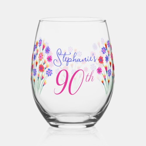 Spring Flower Bouquet Hand Painted 90th Birthday Stemless Wine Glass