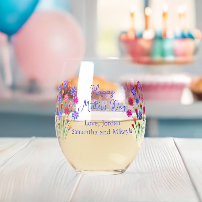 Spring Flower Bouquet Hand Painted Mother's Day Stemless Wine Glass | Zazzle