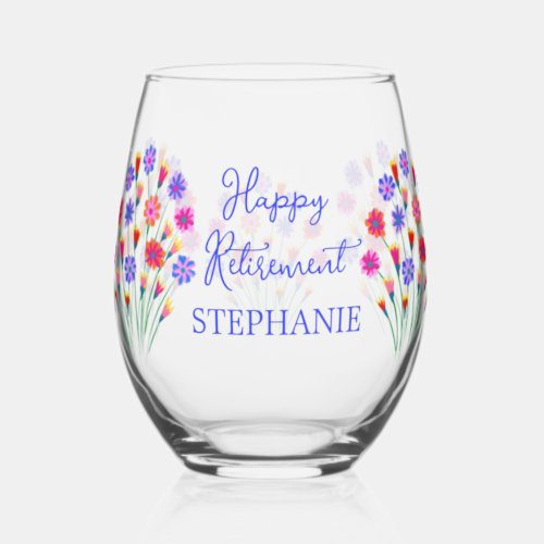 Spring Flower Bouquet Happy Retirement Stemless Wine Glass