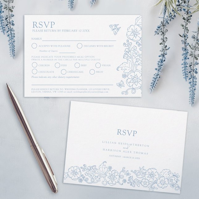 Spring flower butterflies art wedding blue meal  RSVP card (Creator Uploaded)