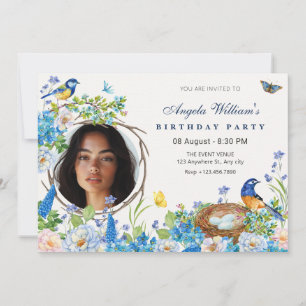 Spring flower garden bird photo birthday invitation