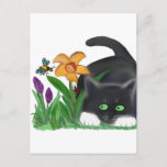 Spring Flower Garden Entices A Bee And Kitten Postcard at Zazzle