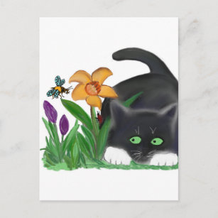Spring Flower Garden Entices a Bee and Kitten Postcard