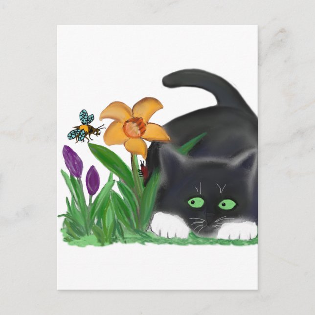 Spring Flower Garden Entices a Bee and Kitten Postcard (Front)