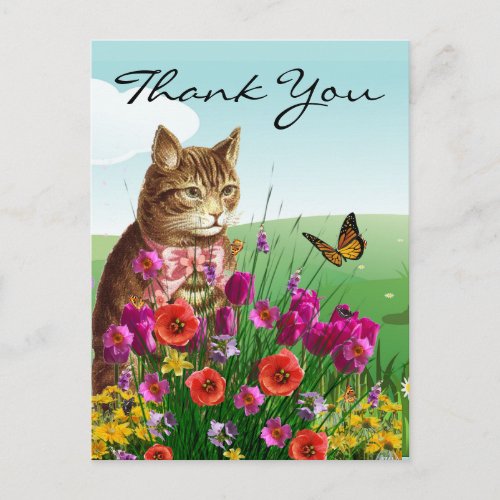 Spring Flower Garden with Vintage Cat Thank You Postcard