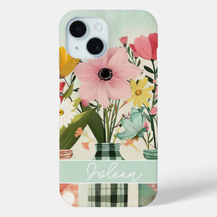 Spring Flower in Mason Jar Design with Name iPhone 15 Case