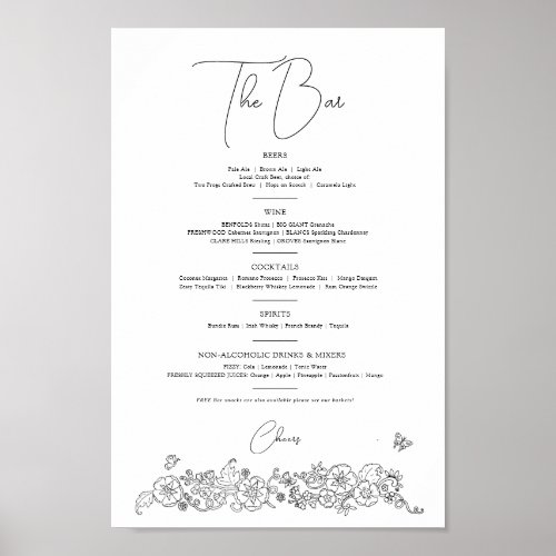 Spring flower line art wedding drinks bar menu poster