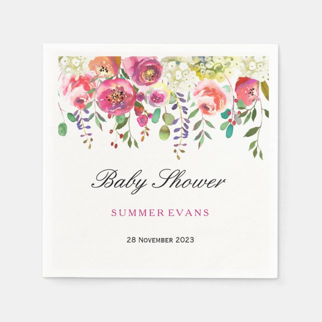 Spring Flower Pink Peach Tropical Baby Shower Paper Napkins (Front)