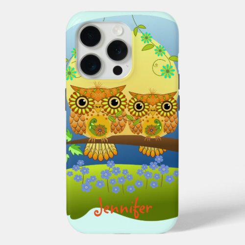 Spring flower power owls  custom name iPhone 15 pro case