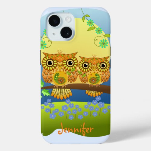 Spring flower power owls  custom name iPhone 15 case