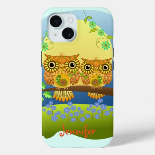 Spring flower power owls  custom name iPhone 15 case