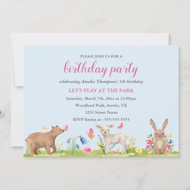 Spring Flower Sweet Animal Kids Birthday Invite (Front)