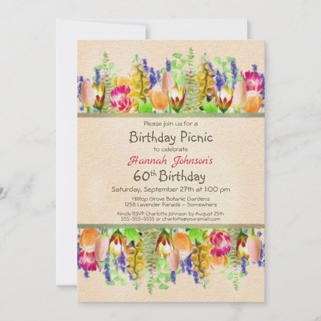Spring Flowers 60th Birthday Picnic Party Invitation (Front)