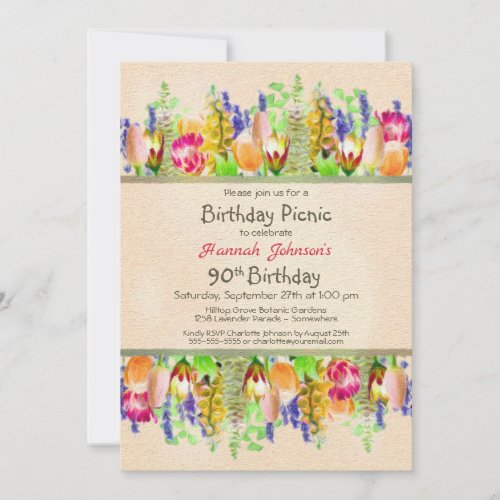 Spring Flowers 90th Birthday Picnic Party Invitation