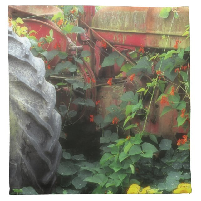 Spring flowers adorn an old tractor. cloth napkin (Front)
