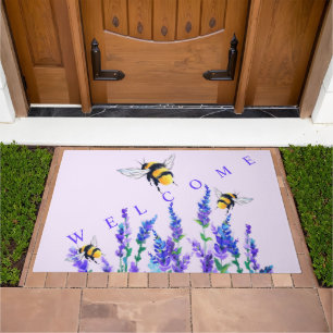 Spring Flowers and Bees Doormat Text Welcome