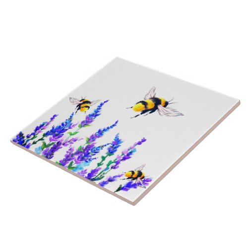 Spring Flowers and Bees Flying Ceramic Tile