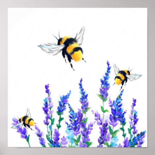 Spring Flowers and Bees Flying Poster Painting