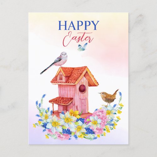 Spring flowers and birds bird house happy Easter Postcard