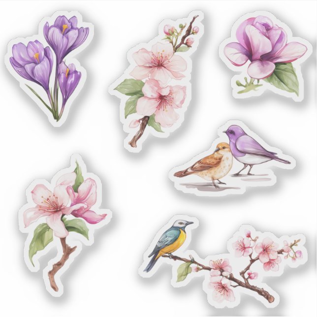 Spring Flowers and Birds Sticker (Front)