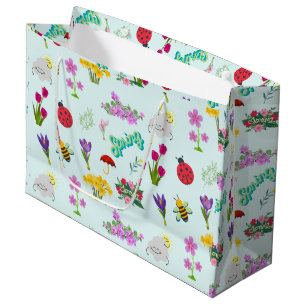 Spring Flowers and Bugs Cute Colorful Blue Large Gift Bag
