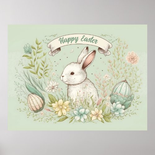 Spring flowers and bunny illustration poster