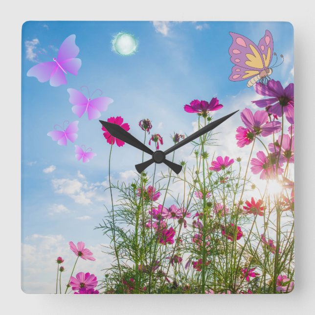 spring flowers and butterfly square wall clock (Front)
