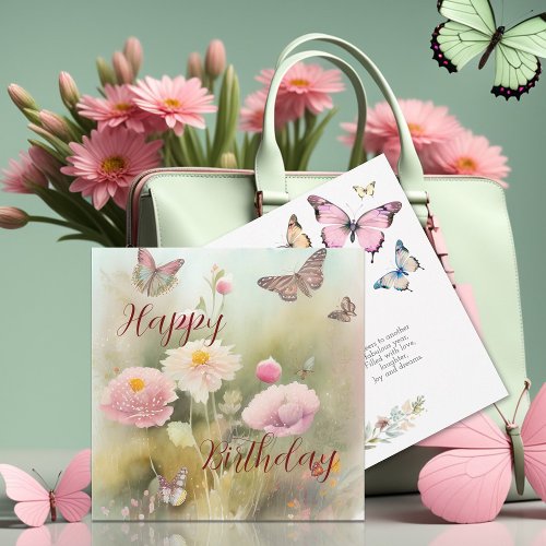 Spring Flowers and Butterfly Watercolor Birthday Card