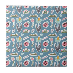 Spring Flowers and Ladybug Pattern Ceramic Tile