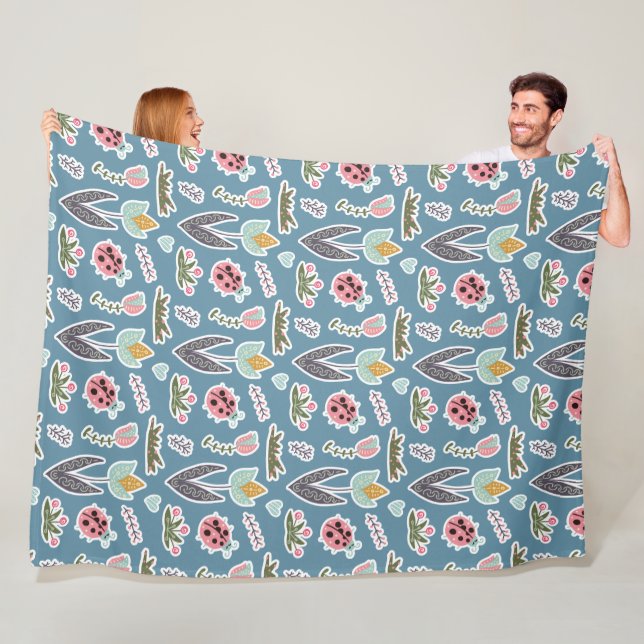 Spring Flowers and Ladybug Pattern Fleece Blanket (In Situ)