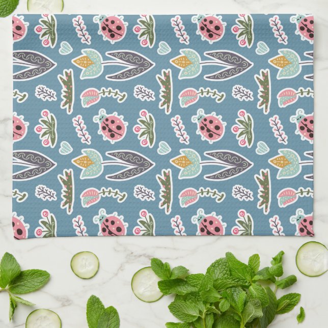 Spring Flowers and Ladybug Pattern Kitchen Towel (Folded)
