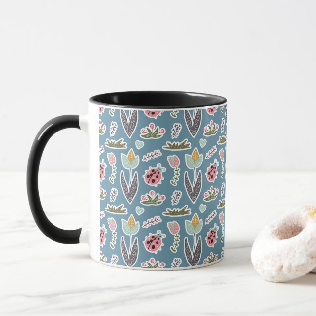Spring Flowers and Ladybug Pattern Mug (With Donut)