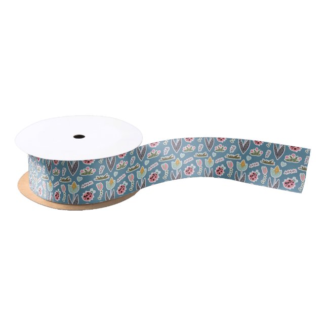 Spring Flowers and Ladybug Pattern Satin Ribbon (Spool)