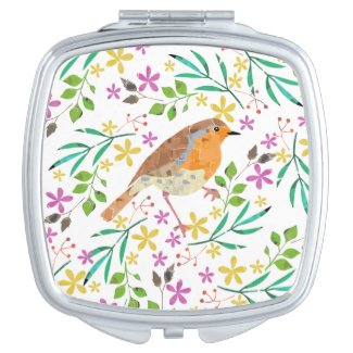 Spring flowers and robin bird compact mirror